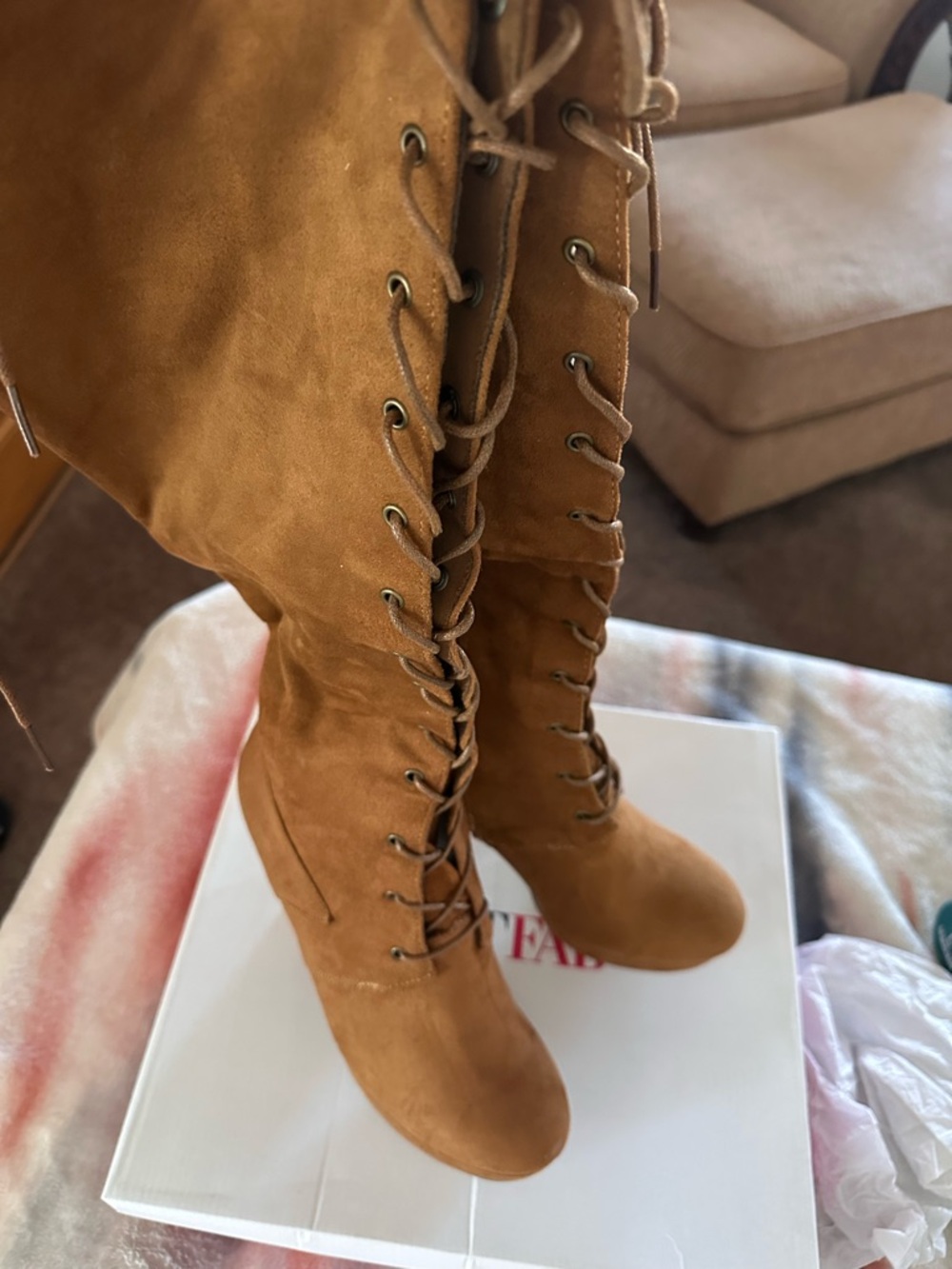 NIB JustFab Cognac Lace-Up Knee-High Suede Boots